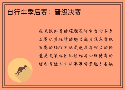 自行车季后赛：晋级决赛