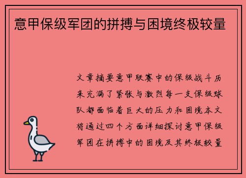 意甲保级军团的拼搏与困境终极较量
