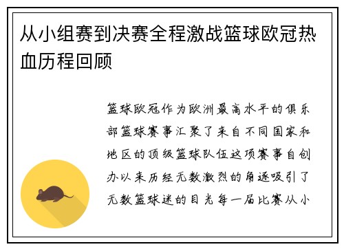 从小组赛到决赛全程激战篮球欧冠热血历程回顾